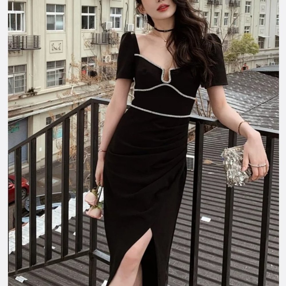 Black Crepe Diamante Midi Dress Backless Bodycon Dress